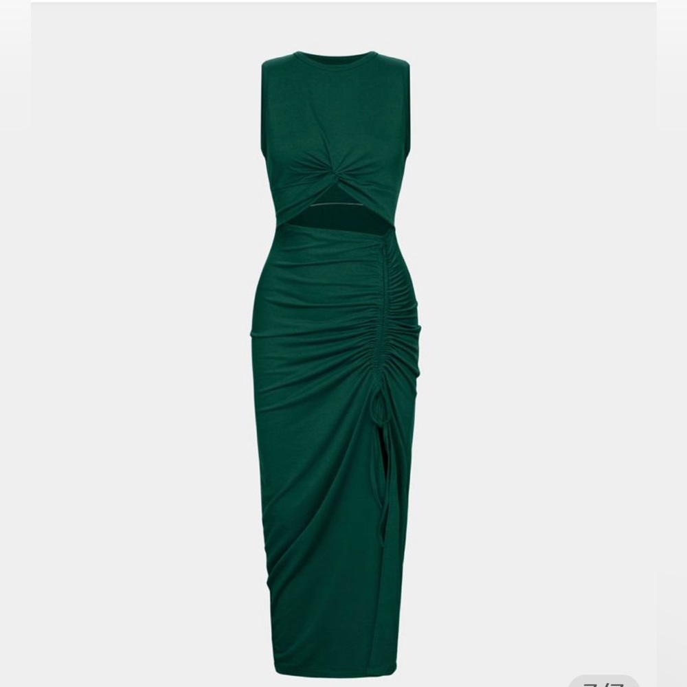 HALARA Round neck twisted cut out ruched drawstring MIDI dress
